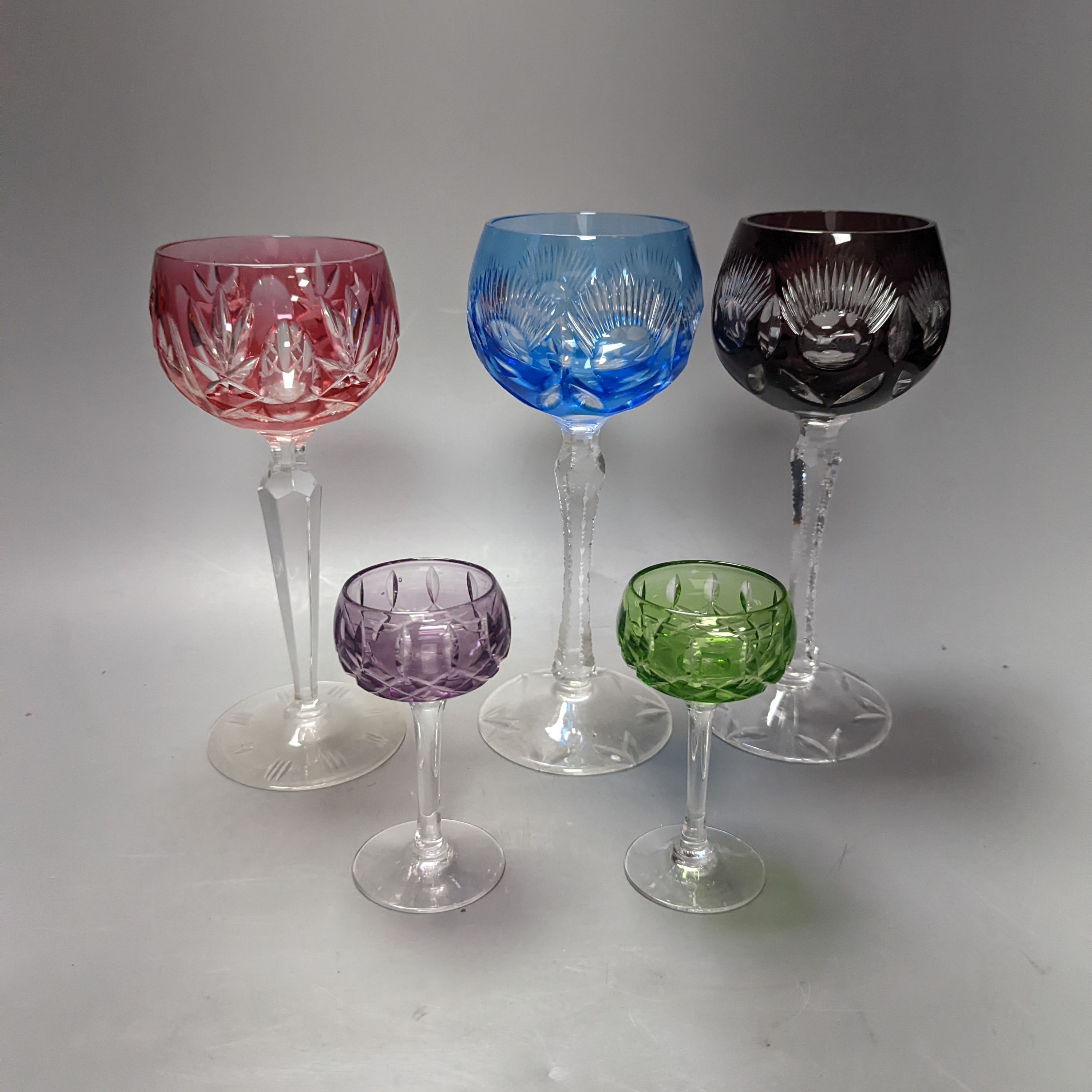A set of coloured hock glasses